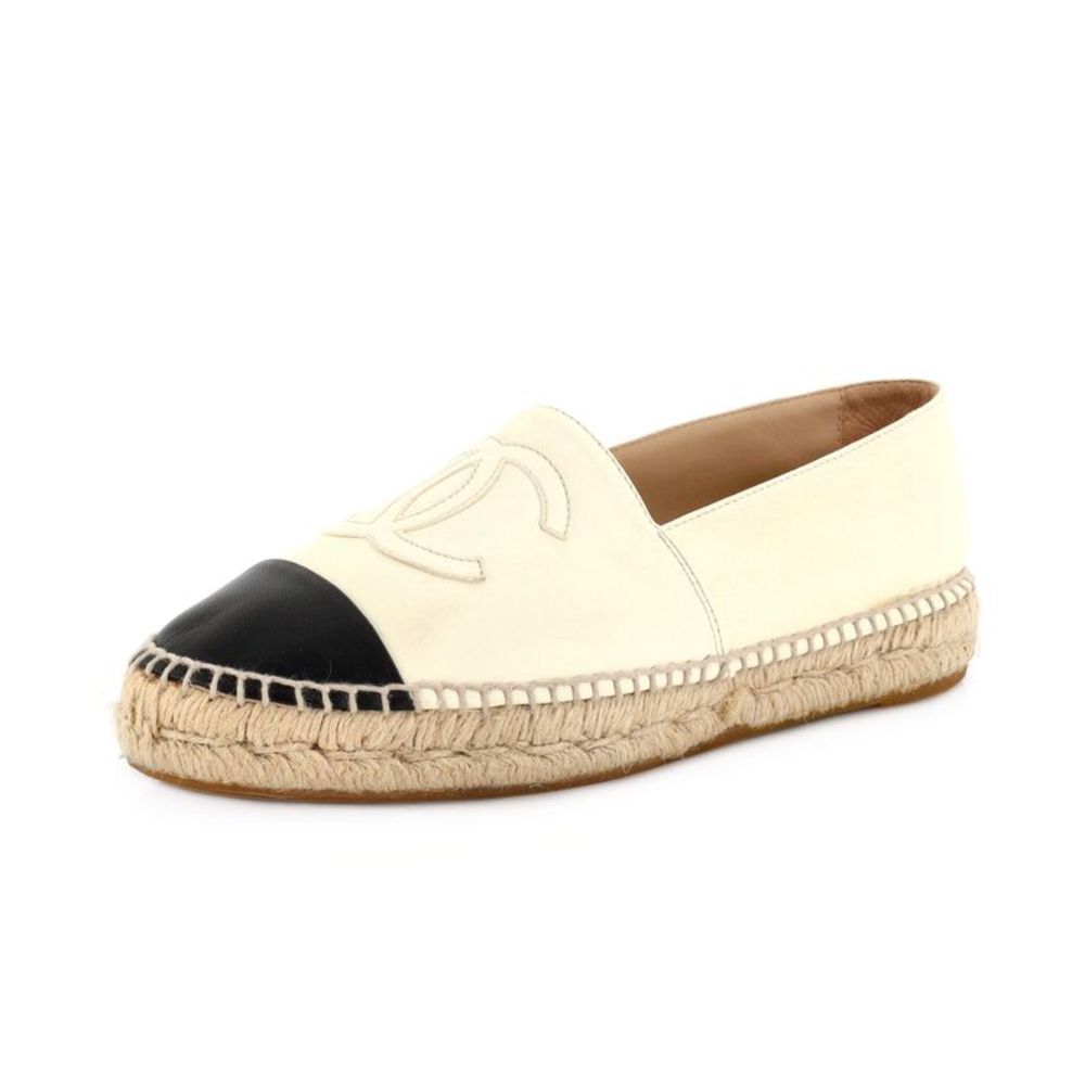 CHANEL Cream Leather Espadrille with Black Cap Toe